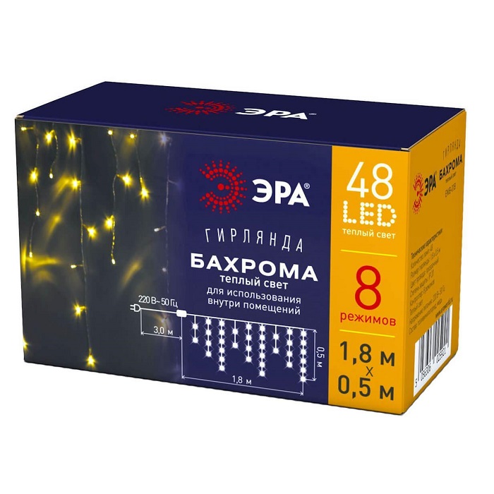 Гирлянда светодиодная "Бахрома" Эра ENIN-01В 1,8х0,5м Теплая 220В IP20 фото Гирлянда светодиодная "Бахрома" Эра ENIN-01В 1,8х0,5м Теплая 220В IP20 картинка